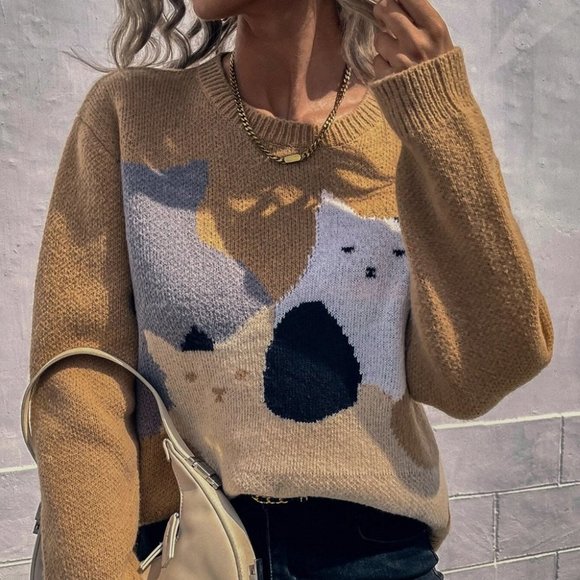 Khaki Cat Print  Drop Shoulder Knit Sweater Top - Picture 2 of 4
